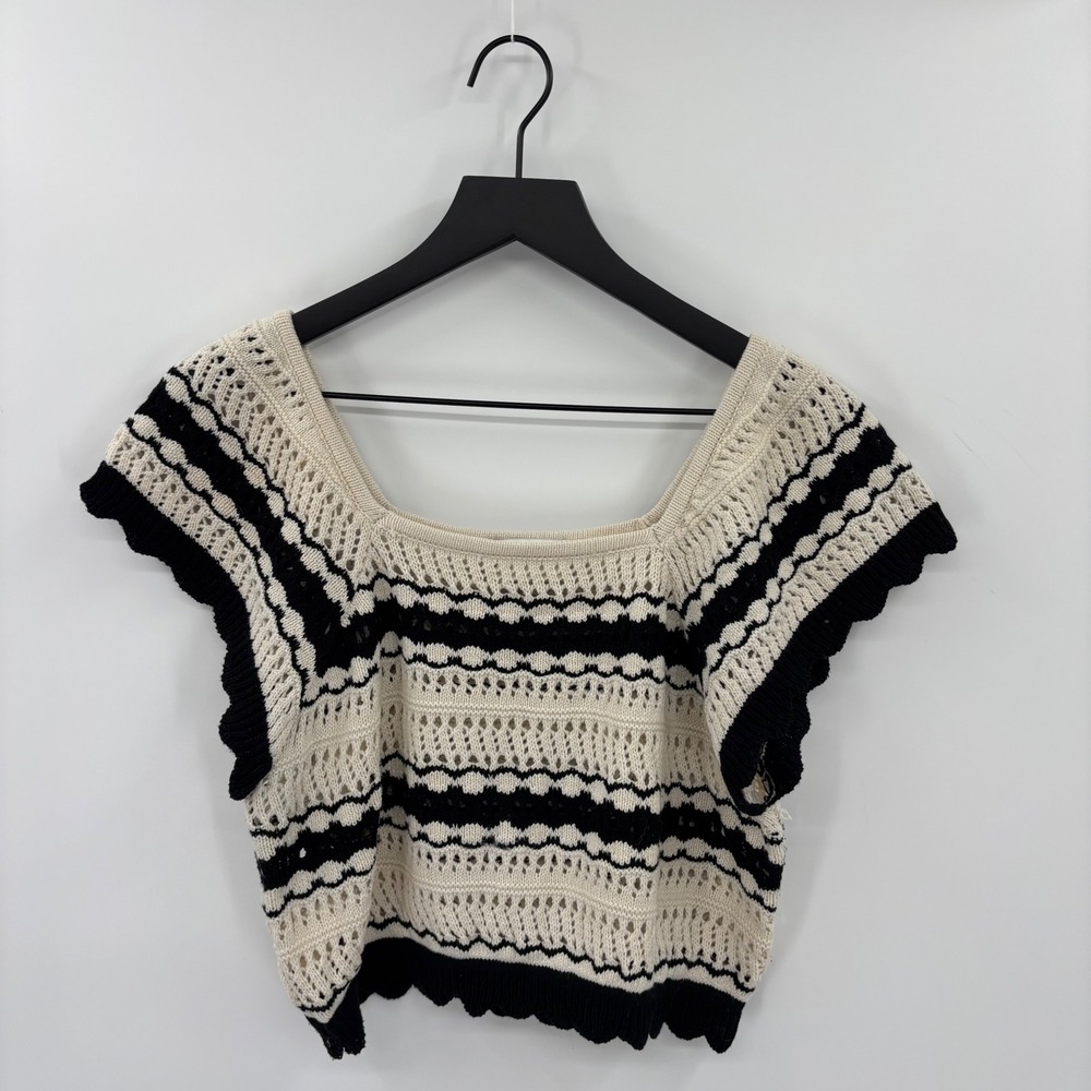 Freshman‎ 1996 Crochet Knit Top Womens XL Cream Black Striped Boho Cottagecore
